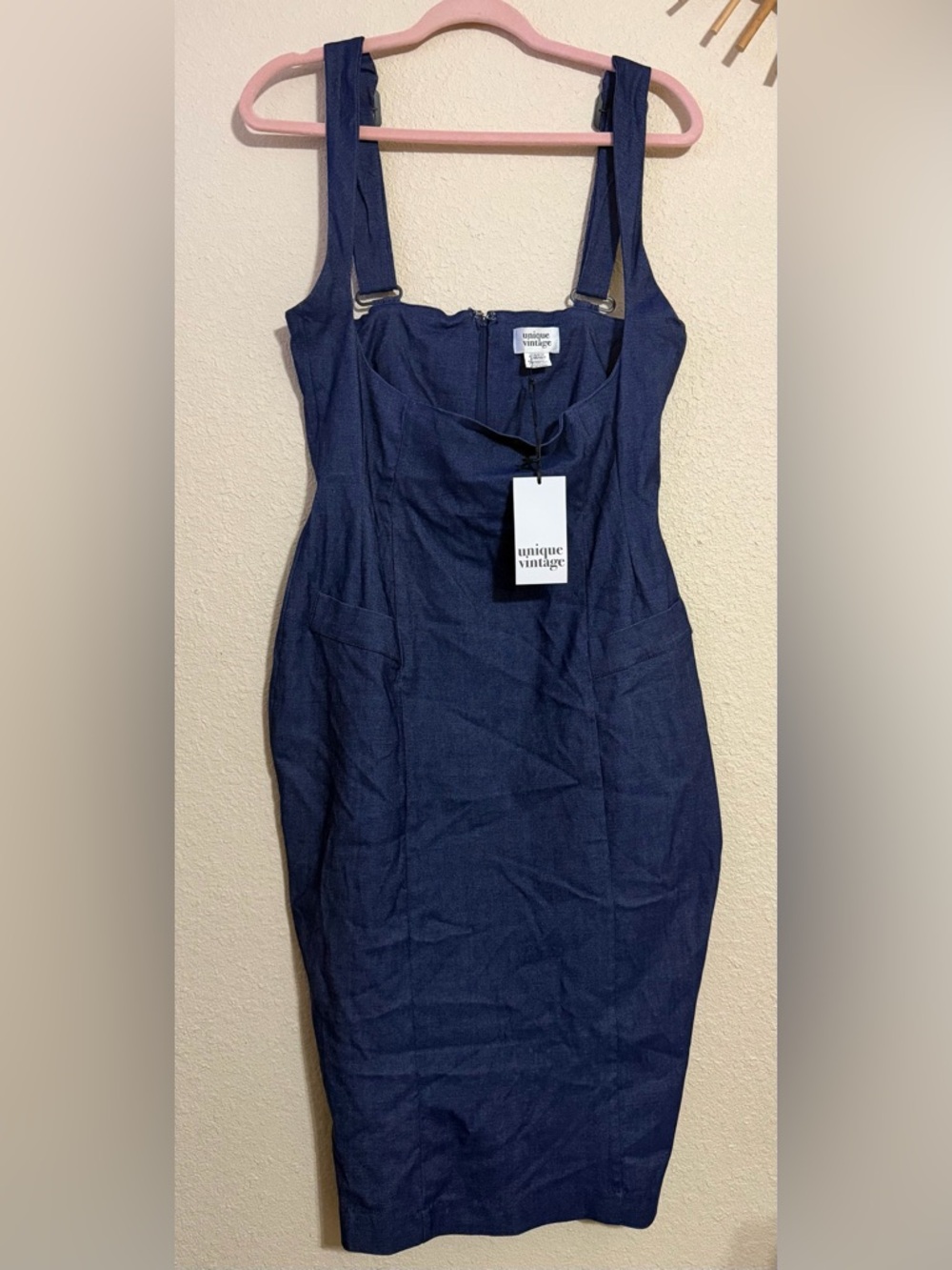 Unique Vintage Denim Blue Fontaine Suspender Pencil Skirt